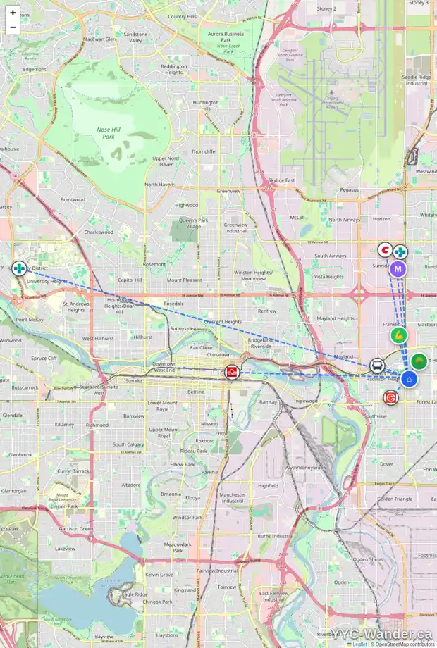 Daily accessibility map for 921 37 ST SE, Calgary showing nearby schools, grocery stores, parks, LRT stations and nearby amenities