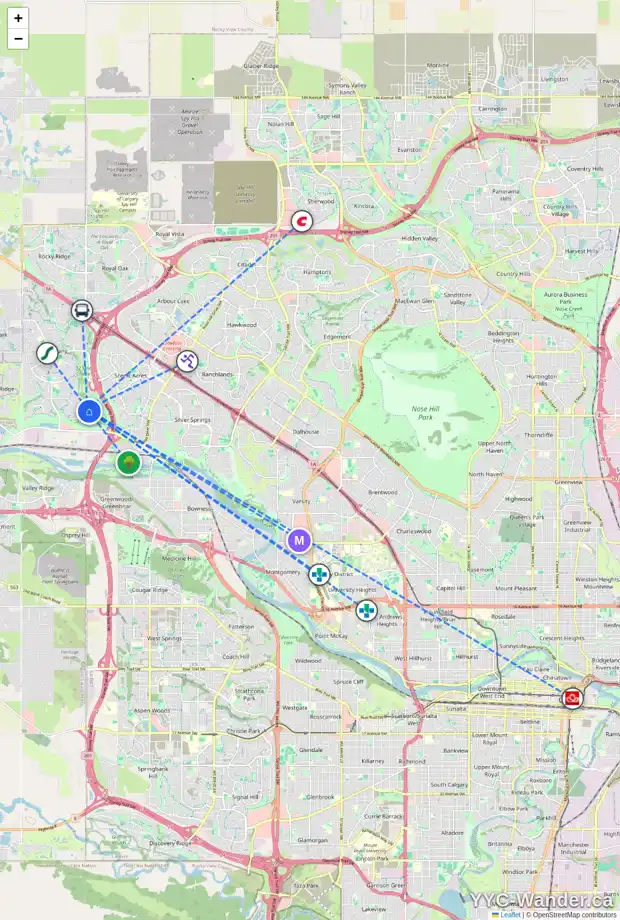 Daily accessibility map for 143 TUSCANY RAVINE HT NW, Calgary showing nearby schools, grocery stores, parks, LRT stations and nearby amenities