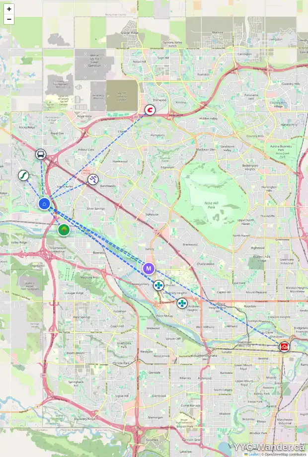 Daily accessibility map for 151 TUSCANY RAVINE HT NW, Calgary showing nearby schools, grocery stores, parks, LRT stations and nearby amenities