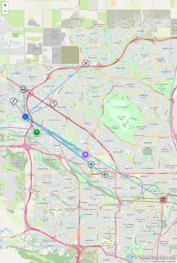 Daily accessibility map for 171 TUSCANY RAVINE HT NW, Calgary showing nearby schools, grocery stores, parks, LRT stations and nearby amenities