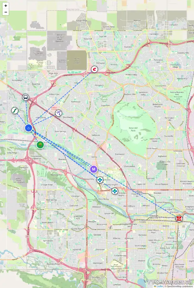 Daily accessibility map for 160 TUSCANY RAVINE HT NW, Calgary showing nearby schools, grocery stores, parks, LRT stations and nearby amenities