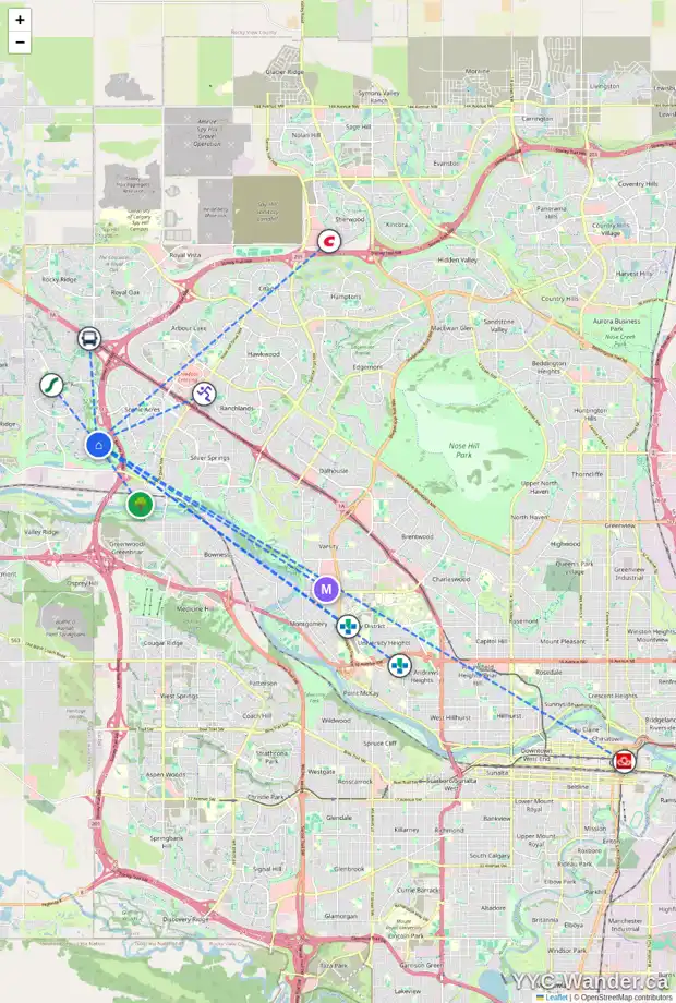Daily accessibility map for 164 TUSCANY RAVINE HT NW, Calgary showing nearby schools, grocery stores, parks, LRT stations and nearby amenities