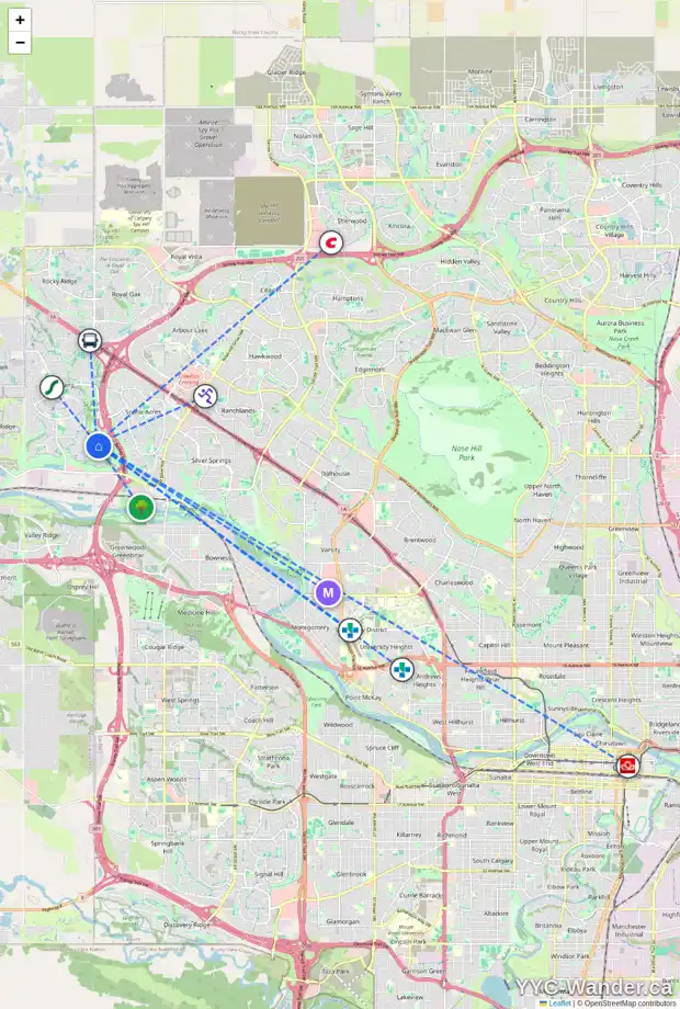Daily accessibility map for 180 TUSCANY RAVINE HT NW, Calgary showing nearby schools, grocery stores, parks, LRT stations and nearby amenities