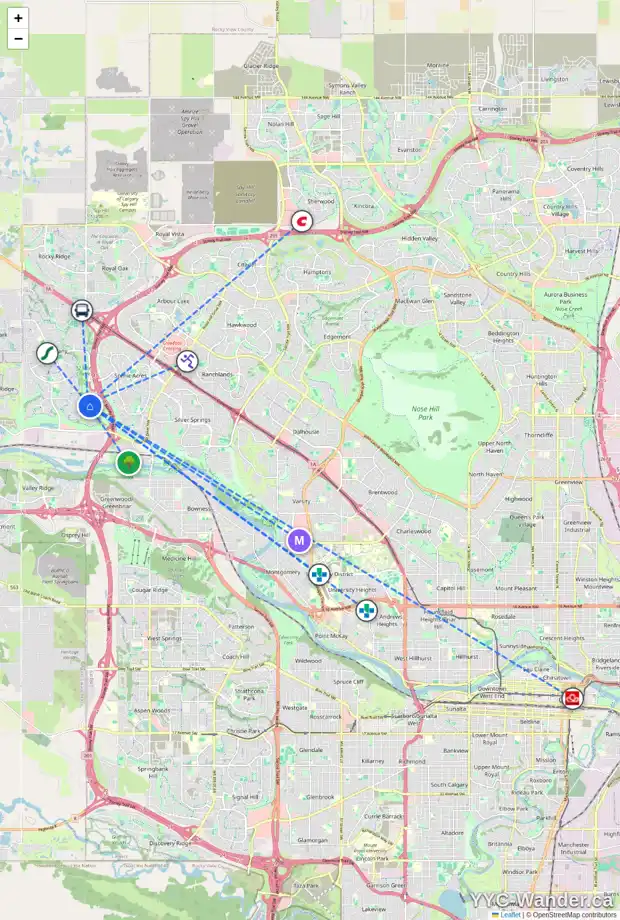 Daily accessibility map for 184 TUSCANY RAVINE HT NW, Calgary showing nearby schools, grocery stores, parks, LRT stations and nearby amenities