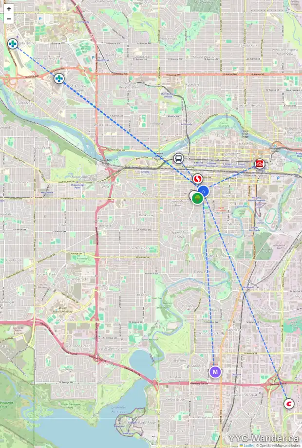 Daily accessibility map for 506 733 14 AV SW, Calgary showing nearby schools, grocery stores, parks, LRT stations and nearby amenities