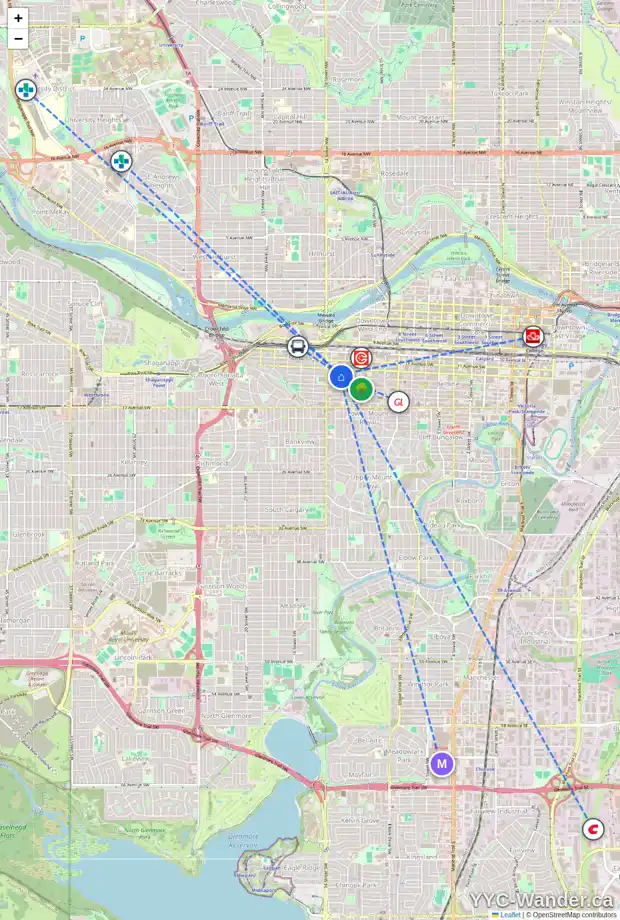 Daily accessibility map for 705 1312 13 AV SW, Calgary showing nearby schools, grocery stores, parks, LRT stations and nearby amenities