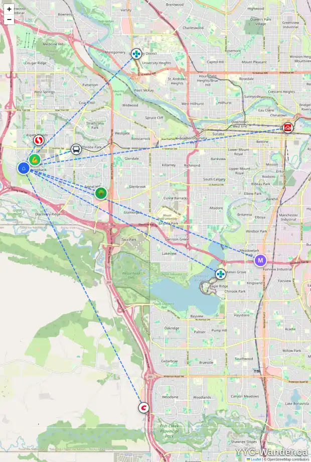 Daily accessibility map for 76 VAL GARDENA CO SW, Calgary showing nearby schools, grocery stores, parks, LRT stations and nearby amenities
