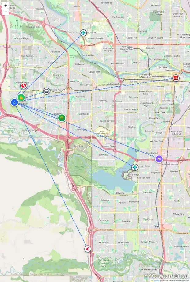 Daily accessibility map for 80 VAL GARDENA CO SW, Calgary showing nearby schools, grocery stores, parks, LRT stations and nearby amenities