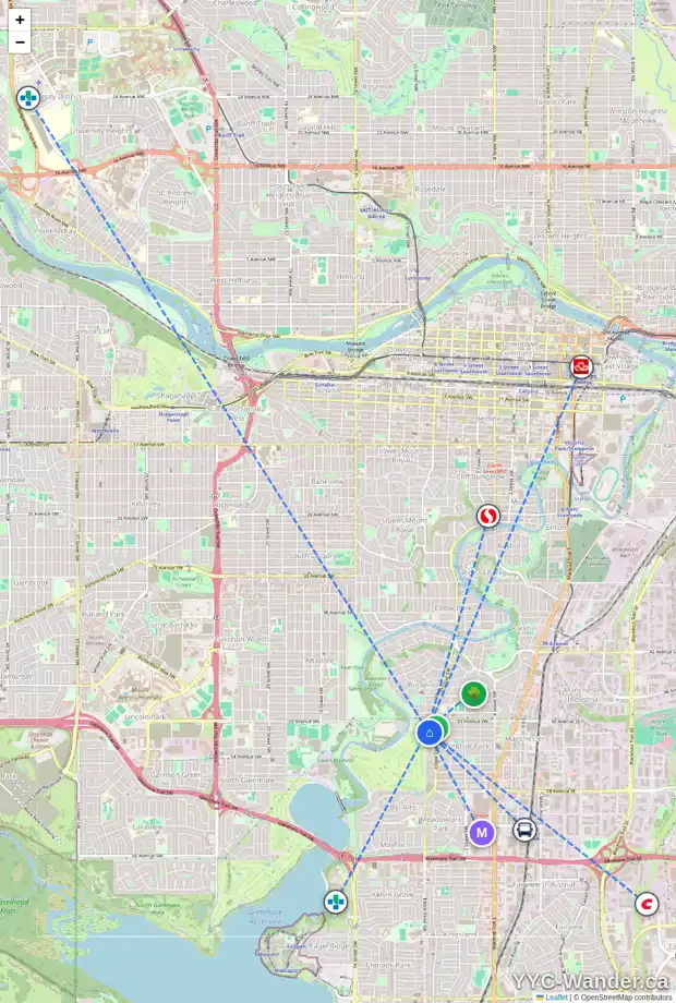 Daily accessibility map for 19 WINDSOR CR SW, Calgary showing nearby schools, grocery stores, parks, LRT stations and nearby amenities