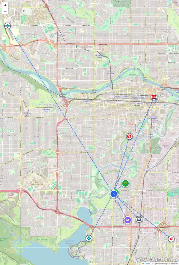 Daily accessibility map for 23 WINDSOR CR SW, Calgary showing nearby schools, grocery stores, parks, LRT stations and nearby amenities