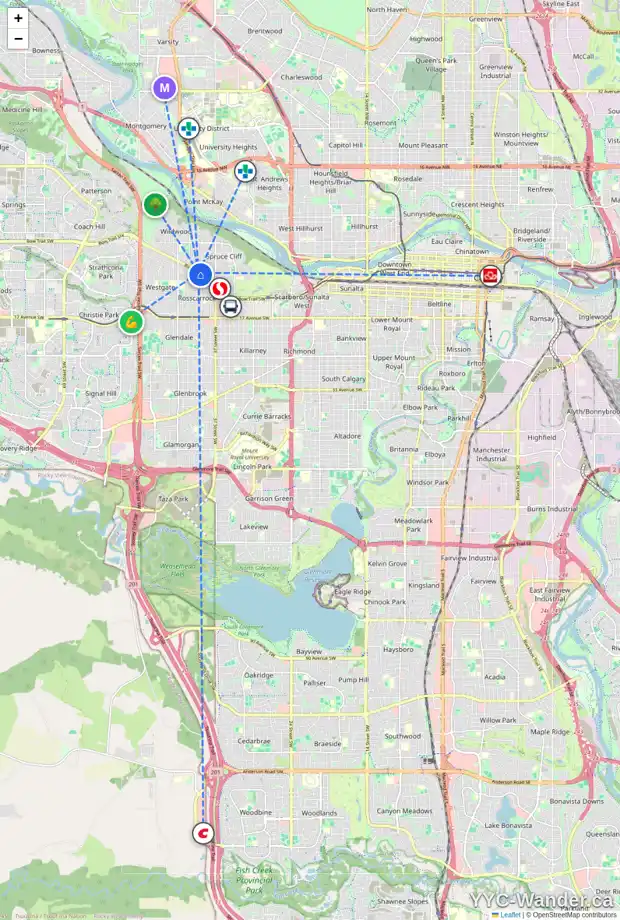 Daily accessibility map for 105 4127 BOW TR SW, Calgary showing nearby schools, grocery stores, parks, LRT stations and nearby amenities