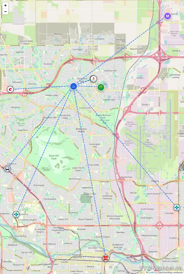 Daily accessibility map for 18 PANAMOUNT BA NW, Calgary showing nearby schools, grocery stores, parks, LRT stations and nearby amenities