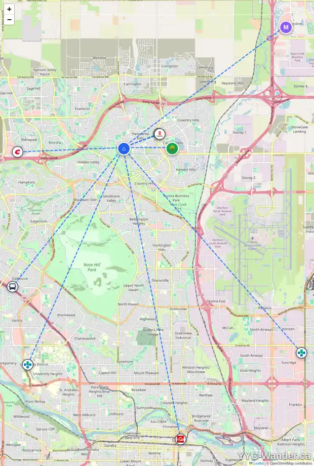 Daily accessibility map for 663 PANAMOUNT BV NW, Calgary showing nearby schools, grocery stores, parks, LRT stations and nearby amenities