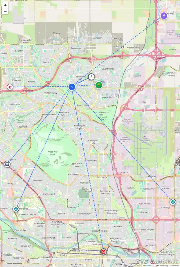 Daily accessibility map for 210 PANAMOUNT LD NW, Calgary showing nearby schools, grocery stores, parks, LRT stations and nearby amenities