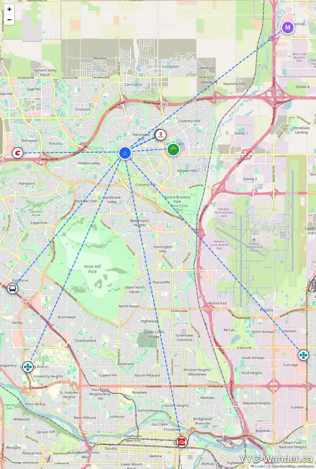 Daily accessibility map for 226 PANAMOUNT LD NW, Calgary showing nearby schools, grocery stores, parks, LRT stations and nearby amenities