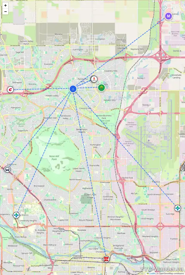 Daily accessibility map for 242 PANAMOUNT LD NW, Calgary showing nearby schools, grocery stores, parks, LRT stations and nearby amenities