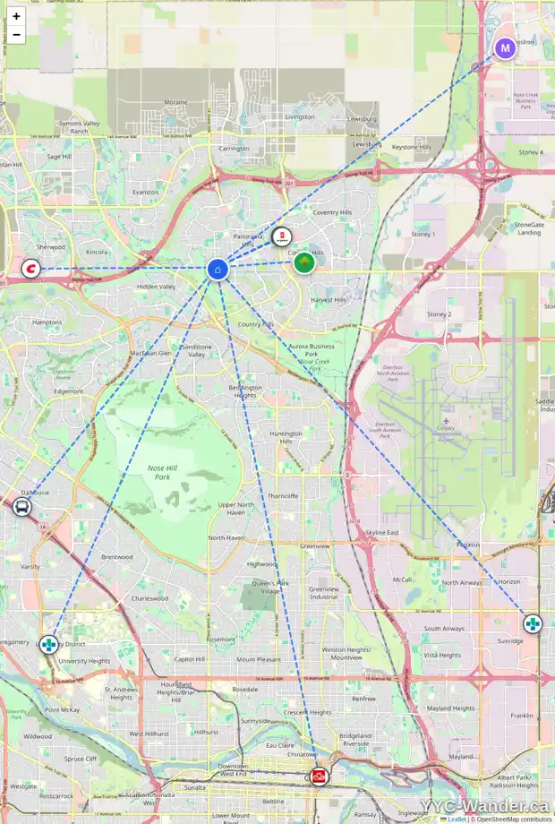 Daily accessibility map for 224 PANAMOUNT PT NW, Calgary showing nearby schools, grocery stores, parks, LRT stations and nearby amenities