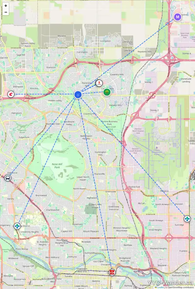 Daily accessibility map for 315 PANAMOUNT PT NW, Calgary showing nearby schools, grocery stores, parks, LRT stations and nearby amenities