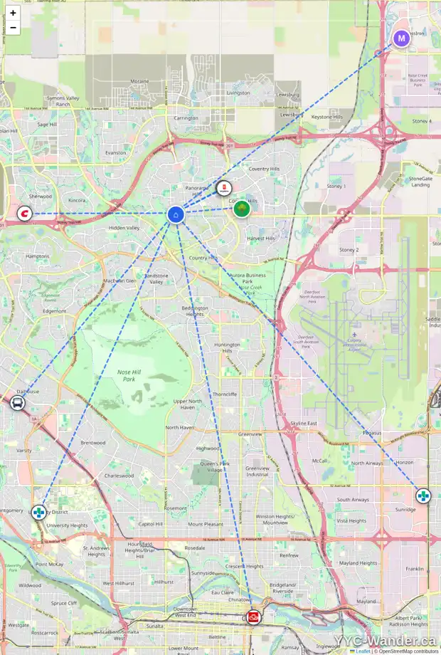 Daily accessibility map for 319 PANAMOUNT PT NW, Calgary showing nearby schools, grocery stores, parks, LRT stations and nearby amenities