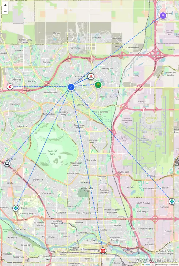 Daily accessibility map for 323 PANAMOUNT PT NW, Calgary showing nearby schools, grocery stores, parks, LRT stations and nearby amenities