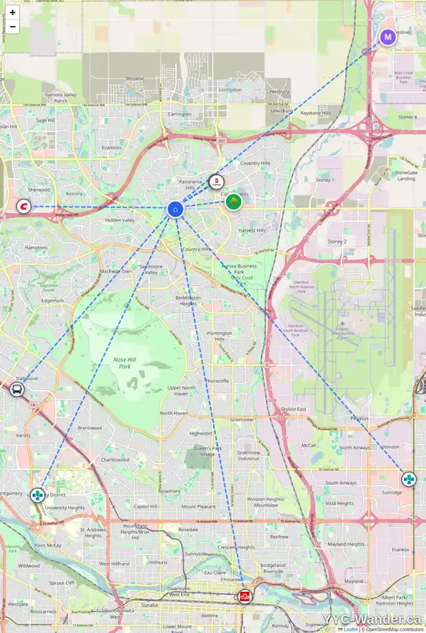 Daily accessibility map for 70 PANAMOUNT RD NW, Calgary showing nearby schools, grocery stores, parks, LRT stations and nearby amenities