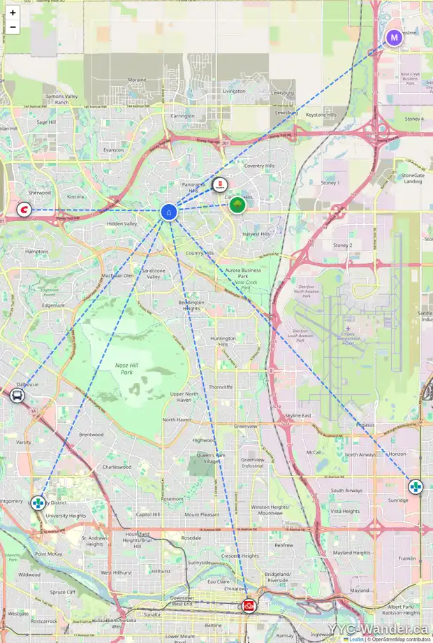 Daily accessibility map for 170 PANAMOUNT RD NW, Calgary showing nearby schools, grocery stores, parks, LRT stations and nearby amenities