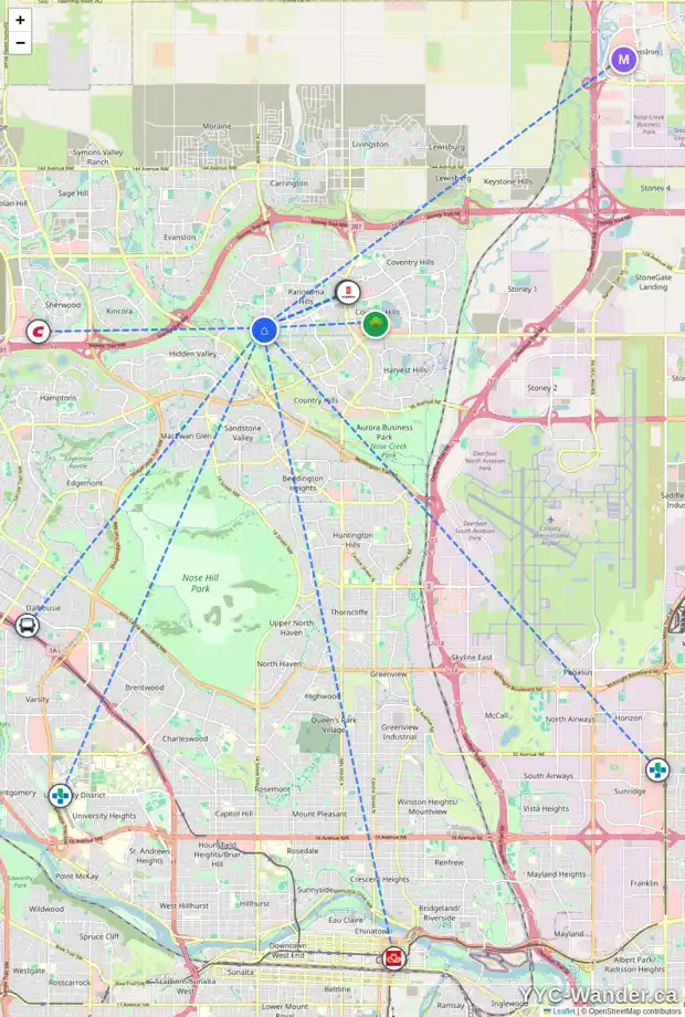 Daily accessibility map for 206 PANAMOUNT RD NW, Calgary showing nearby schools, grocery stores, parks, LRT stations and nearby amenities