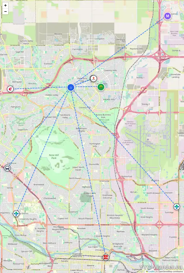 Daily accessibility map for 226 PANAMOUNT RD NW, Calgary showing nearby schools, grocery stores, parks, LRT stations and nearby amenities