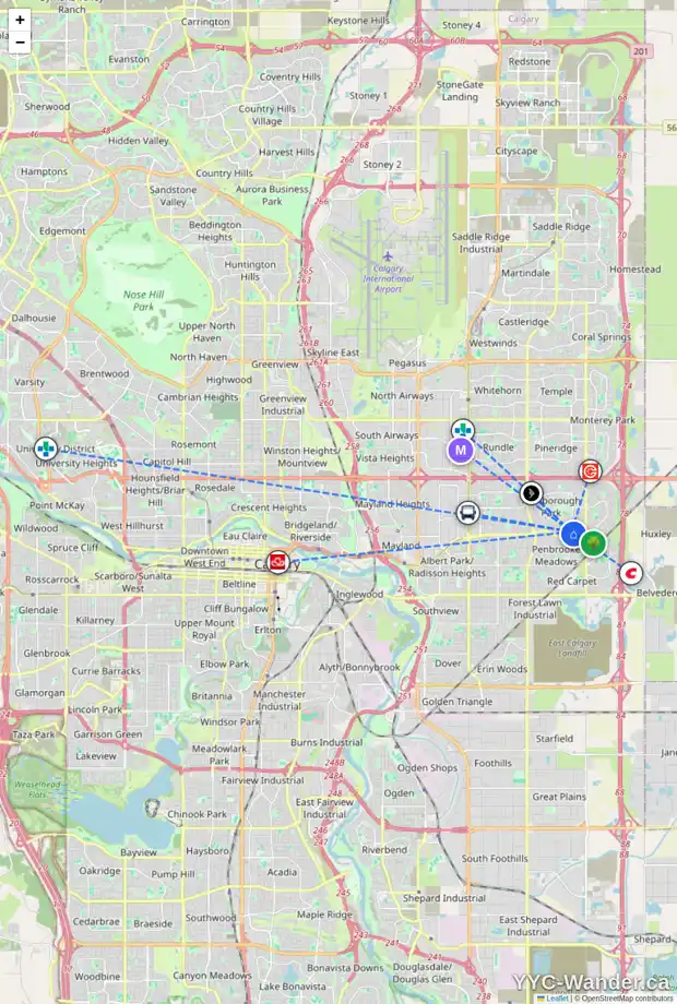 Daily accessibility map for 215 MALVERN CL NE, Calgary showing nearby schools, grocery stores, parks, LRT stations and nearby amenities