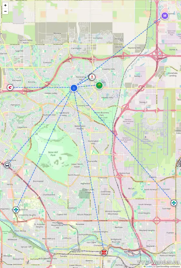 Daily accessibility map for 59 PANAMOUNT RD NW, Calgary showing nearby schools, grocery stores, parks, LRT stations and nearby amenities
