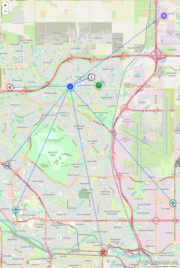 Daily accessibility map for 96 PANAMOUNT TC NW, Calgary showing nearby schools, grocery stores, parks, LRT stations and nearby amenities