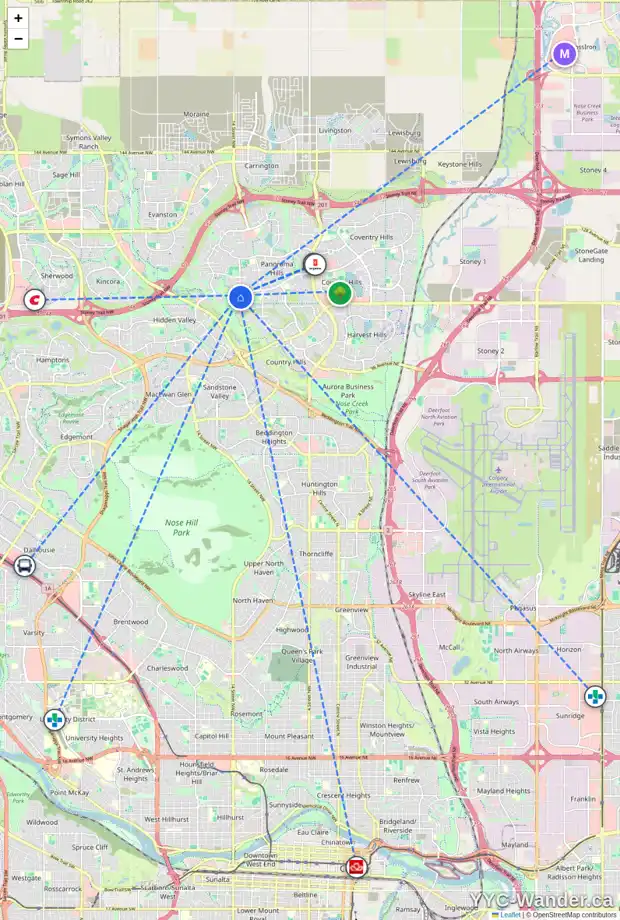 Daily accessibility map for 104 PANAMOUNT TC NW, Calgary showing nearby schools, grocery stores, parks, LRT stations and nearby amenities