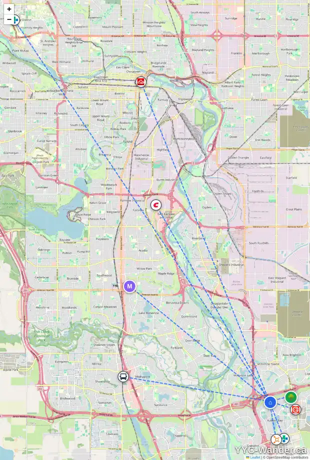 Daily accessibility map for 95 AUTUMN CL SE, Calgary showing nearby schools, grocery stores, parks, LRT stations and nearby amenities