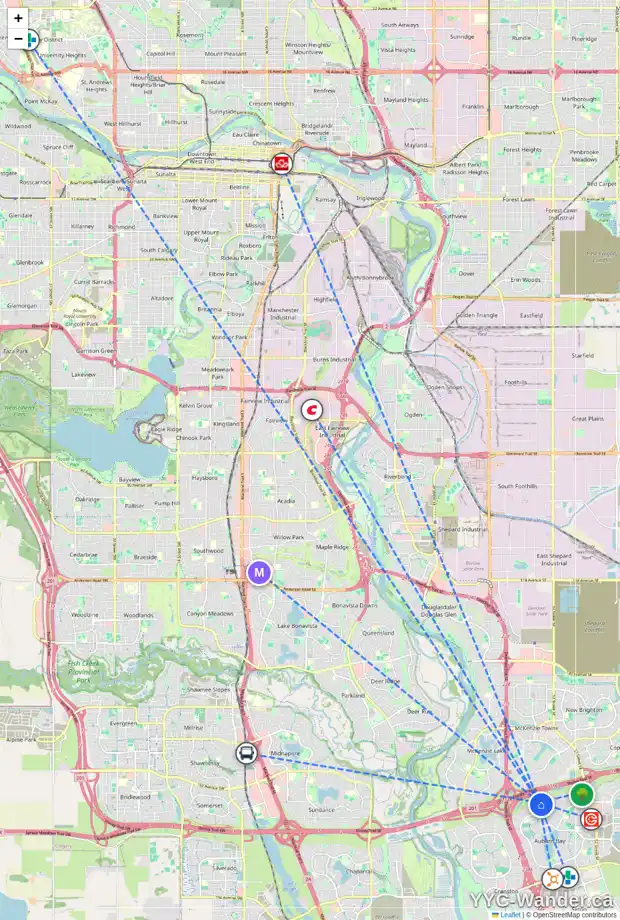 Daily accessibility map for 99 AUTUMN CL SE, Calgary showing nearby schools, grocery stores, parks, LRT stations and nearby amenities