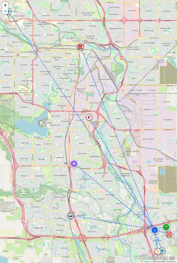 Daily accessibility map for 103 AUTUMN CL SE, Calgary showing nearby schools, grocery stores, parks, LRT stations and nearby amenities
