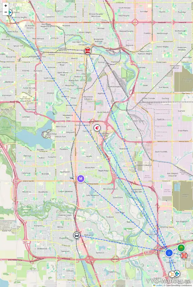 Daily accessibility map for 163 AUTUMN CL SE, Calgary showing nearby schools, grocery stores, parks, LRT stations and nearby amenities