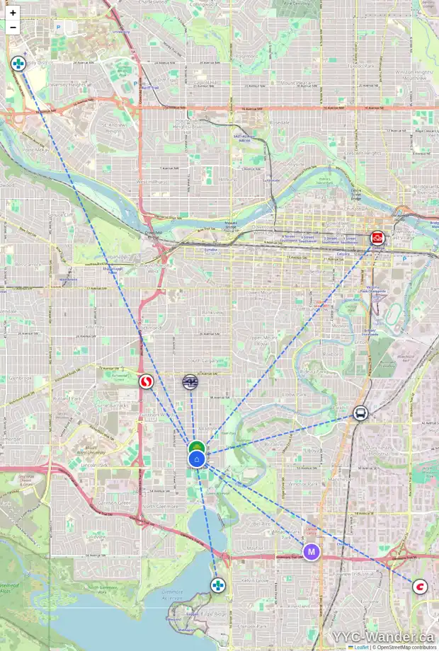 Daily accessibility map for 1907 48 AV SW, Calgary showing nearby schools, grocery stores, parks, LRT stations and nearby amenities