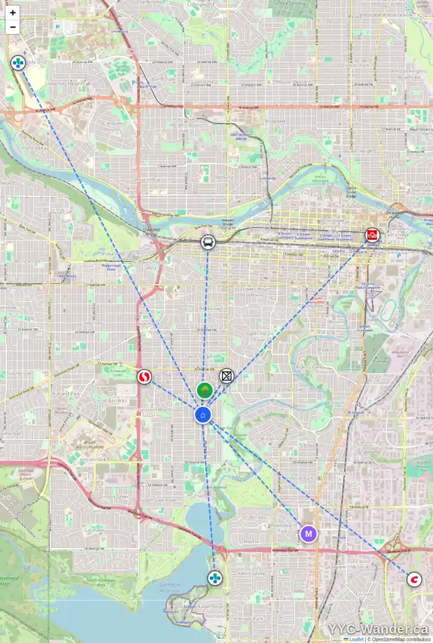 Daily accessibility map for 4210 16A ST SW, Calgary showing nearby schools, grocery stores, parks, LRT stations and nearby amenities