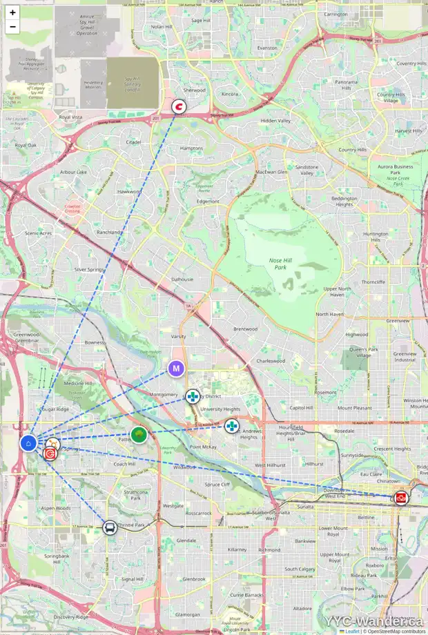 Daily accessibility map for 26 WEXFORD CR SW, Calgary showing nearby schools, grocery stores, parks, LRT stations and nearby amenities