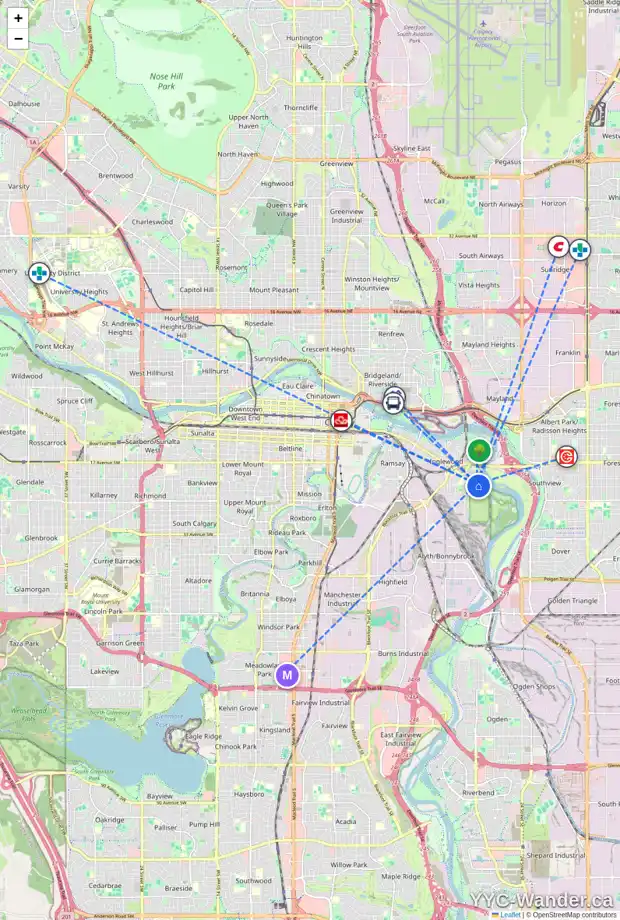 Daily accessibility map for 2106 9 AV SE, Calgary showing nearby schools, grocery stores, parks, LRT stations and nearby amenities