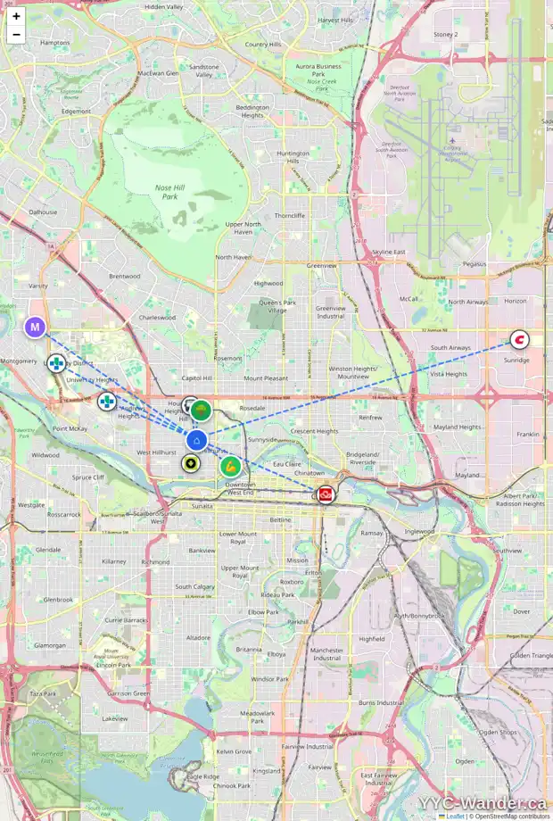 Daily accessibility map for 1774 6 AV NW, Calgary showing nearby schools, grocery stores, parks, LRT stations and nearby amenities