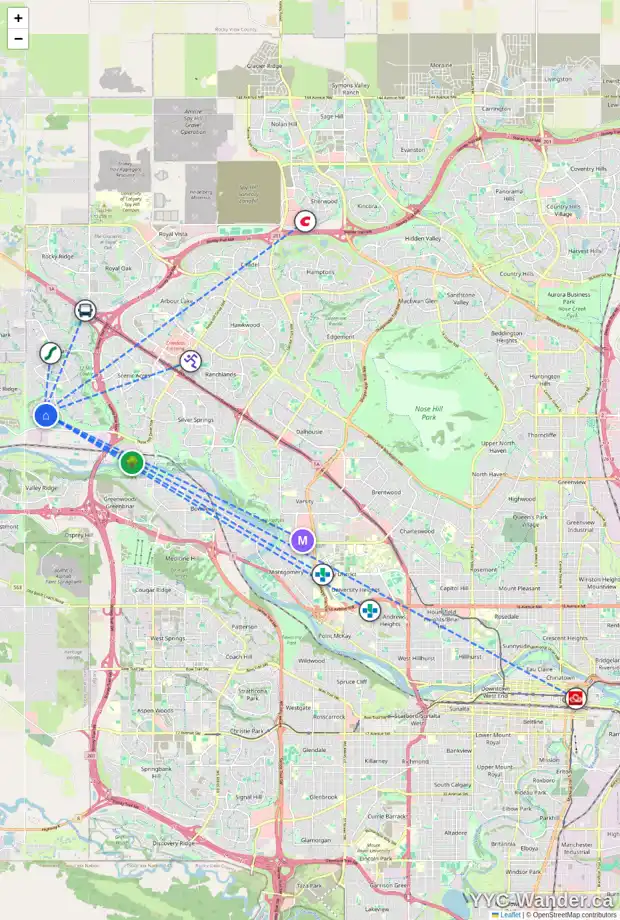 Daily accessibility map for 21 TUSCANY ESTATES TC NW, Calgary showing nearby schools, grocery stores, parks, LRT stations and nearby amenities