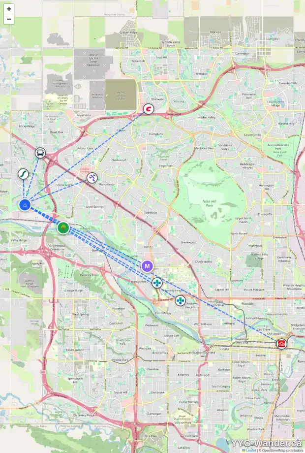 Daily accessibility map for 35 TUSCANY ESTATES PT NW, Calgary showing nearby schools, grocery stores, parks, LRT stations and nearby amenities