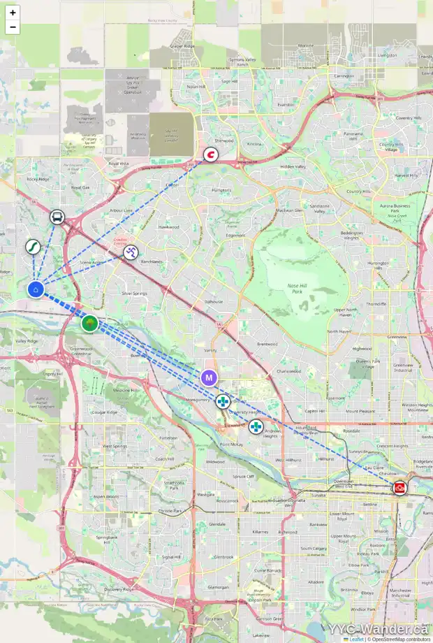 Daily accessibility map for 38 TUSCANY ESTATES PT NW, Calgary showing nearby schools, grocery stores, parks, LRT stations and nearby amenities