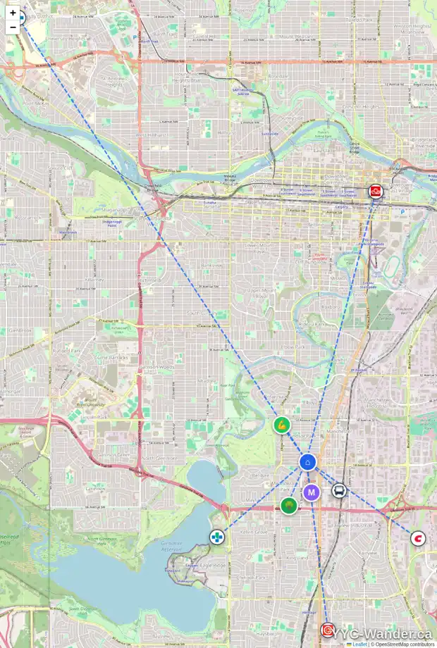 Daily accessibility map for 103 515 57 AV SW, Calgary showing nearby schools, grocery stores, parks, LRT stations and nearby amenities