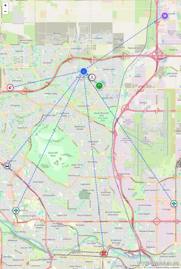 Daily accessibility map for 90 PANATELLA CR NW, Calgary showing nearby schools, grocery stores, parks, LRT stations and nearby amenities