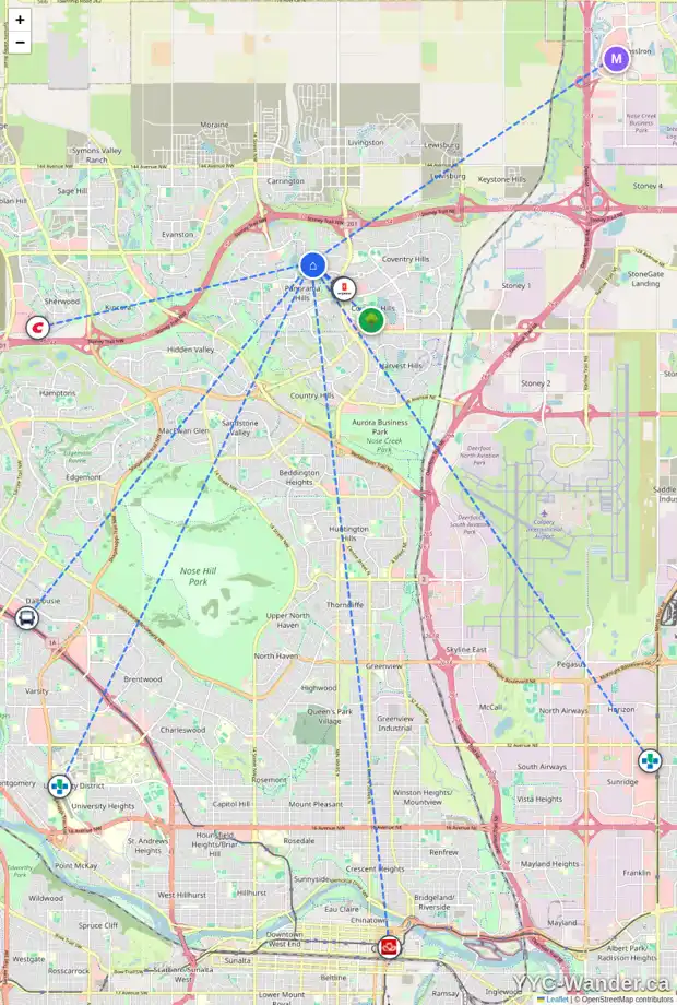 Daily accessibility map for 98 PANATELLA CR NW, Calgary showing nearby schools, grocery stores, parks, LRT stations and nearby amenities
