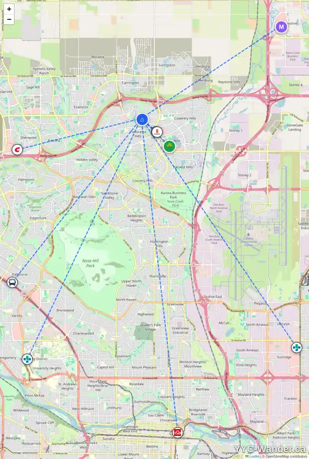 Daily accessibility map for 222 PANATELLA HE NW, Calgary showing nearby schools, grocery stores, parks, LRT stations and nearby amenities