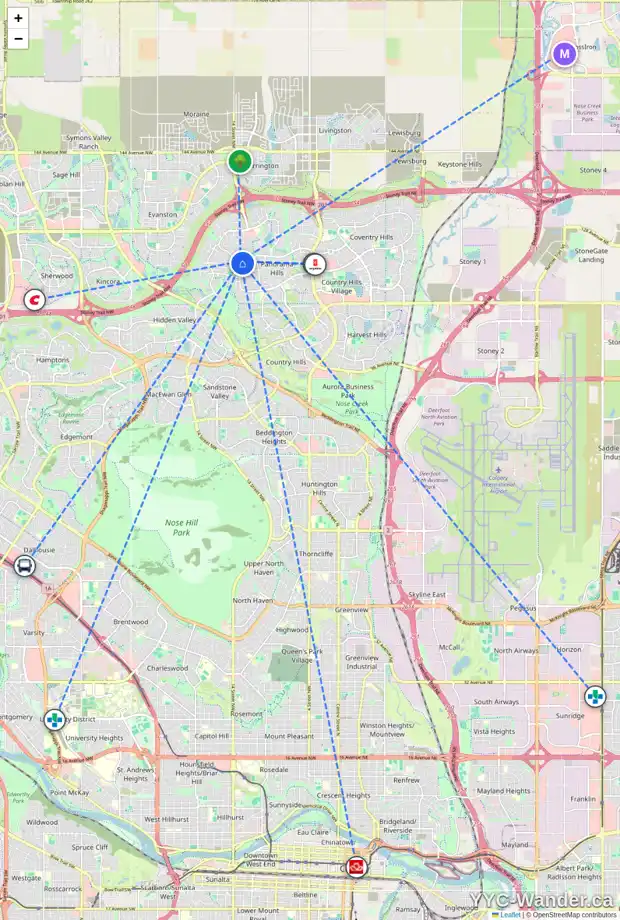 Daily accessibility map for 1108 PANAMOUNT BV NW, Calgary showing nearby schools, grocery stores, parks, LRT stations and nearby amenities