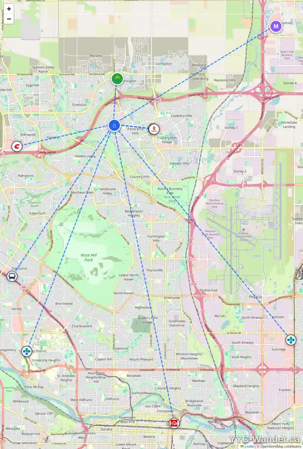 Daily accessibility map for 566 PANATELLA BV NW, Calgary showing nearby schools, grocery stores, parks, LRT stations and nearby amenities